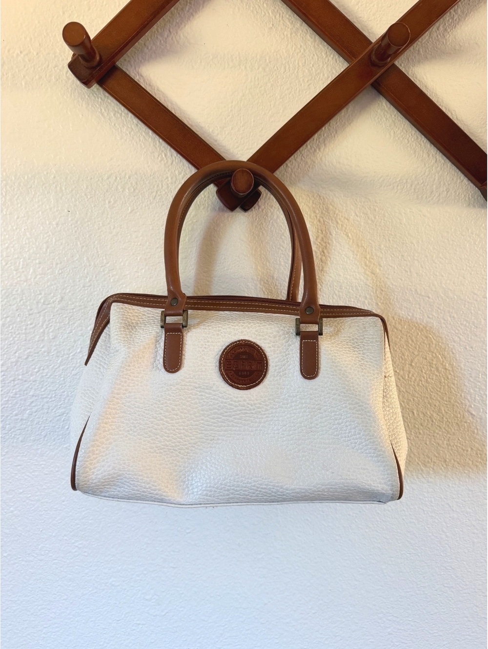 Esprit White and Brown Leather-Trimmed Handbag
